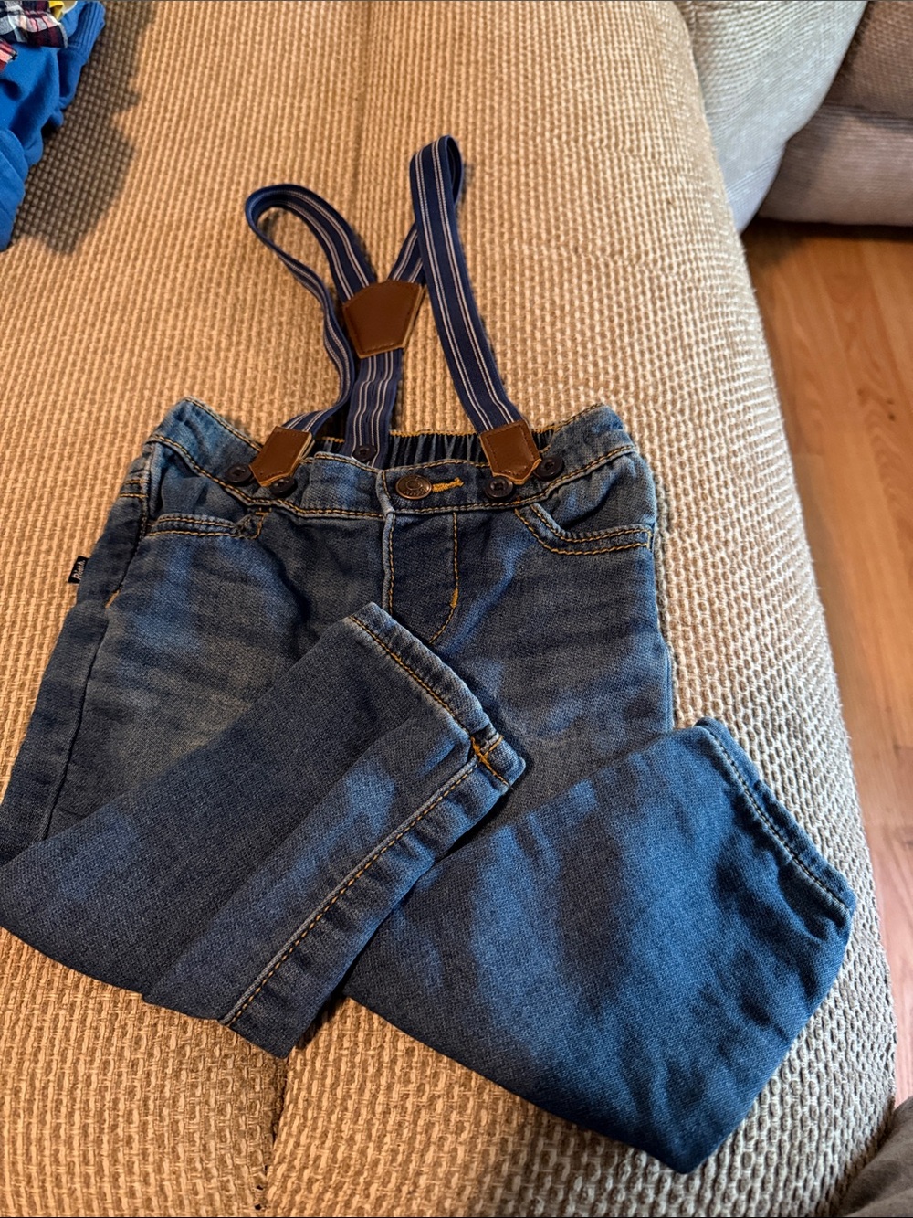 OshKosh B'gosh Dark Blue Denim Jeans with Striped Navy Suspenders